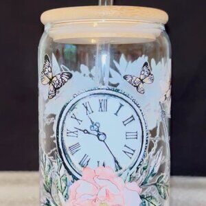 Time clock Vintage Paris glass beer can cup with bamboo lid and glass straw.